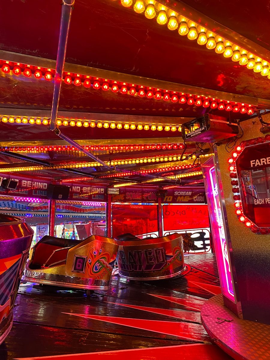 a carnival ride at night time with lights on